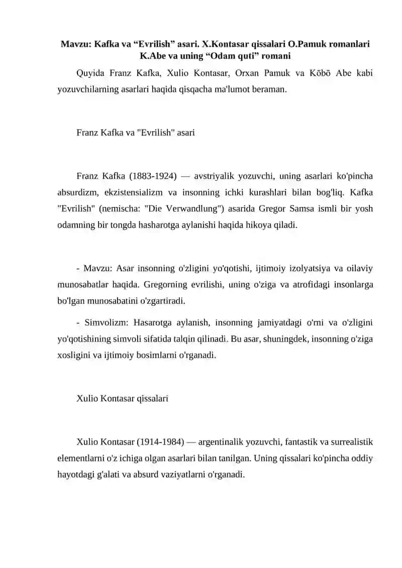Kafka va “Evrilish” asari. X.Kontasar qissalari O.Pamuk romanlari