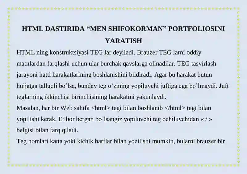 HTML DASTIRIDA “MEN SHIFOKORMAN” PORTFOLIOSINI YARATISH