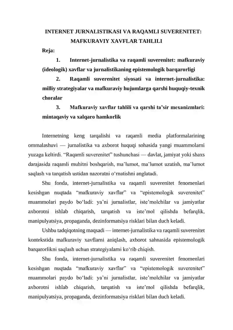 INTERNET JURNALISTIKASI VA RAQAMLI SUVERENITET: MAFKURAVIY XAVFLAR TAHLILI