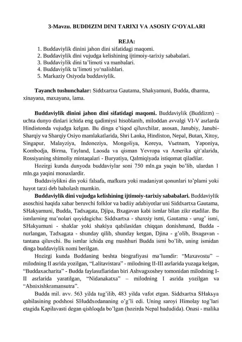 Buddizim Dini Tarixi va Asosiy G‘oyalar