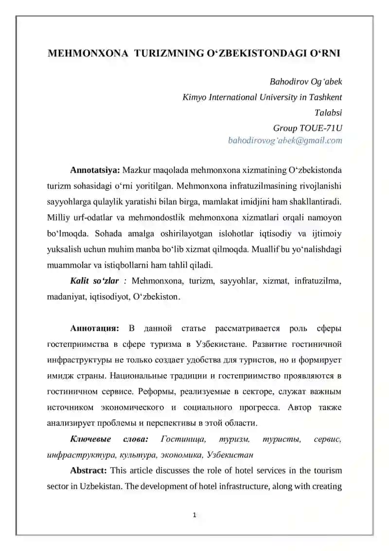 Mehmonxona Turizmning Oʻzbekistondagi Oʻrni