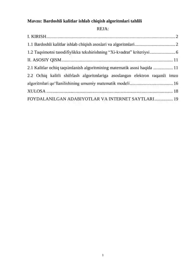 Bardoshli kalitlar ishlab chiqish algoritmlari tahlili