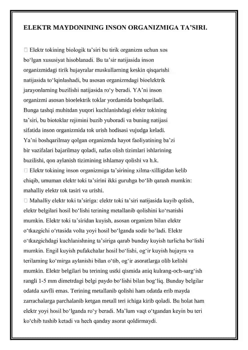Elektr maydonining inson organizmiga ta’siri
