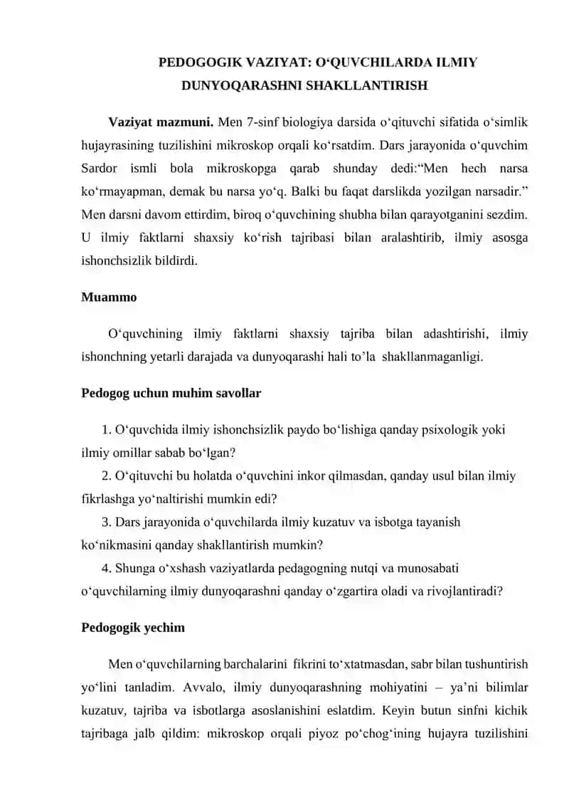 PEDOGOGIK VAZIYAT: O‘QUVCHILARDA ILMIY DUNYOQARASHNI SHAKLLANTIRISH