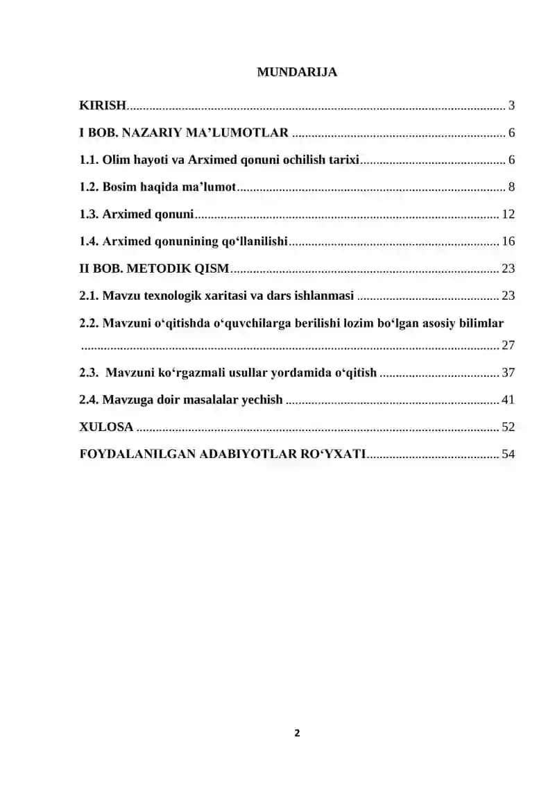 Akademik litseylarda Arximed qonuni mavzusini o‘qitish metodikasi