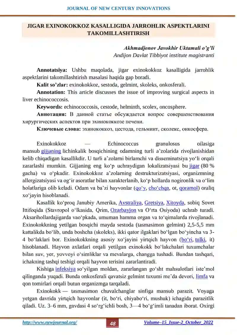 JIGAR EXINOKOKKOZ KASALLIGIDA JARROHLIK ASPEKTLARINI TAKOMILLASHTIRISH
