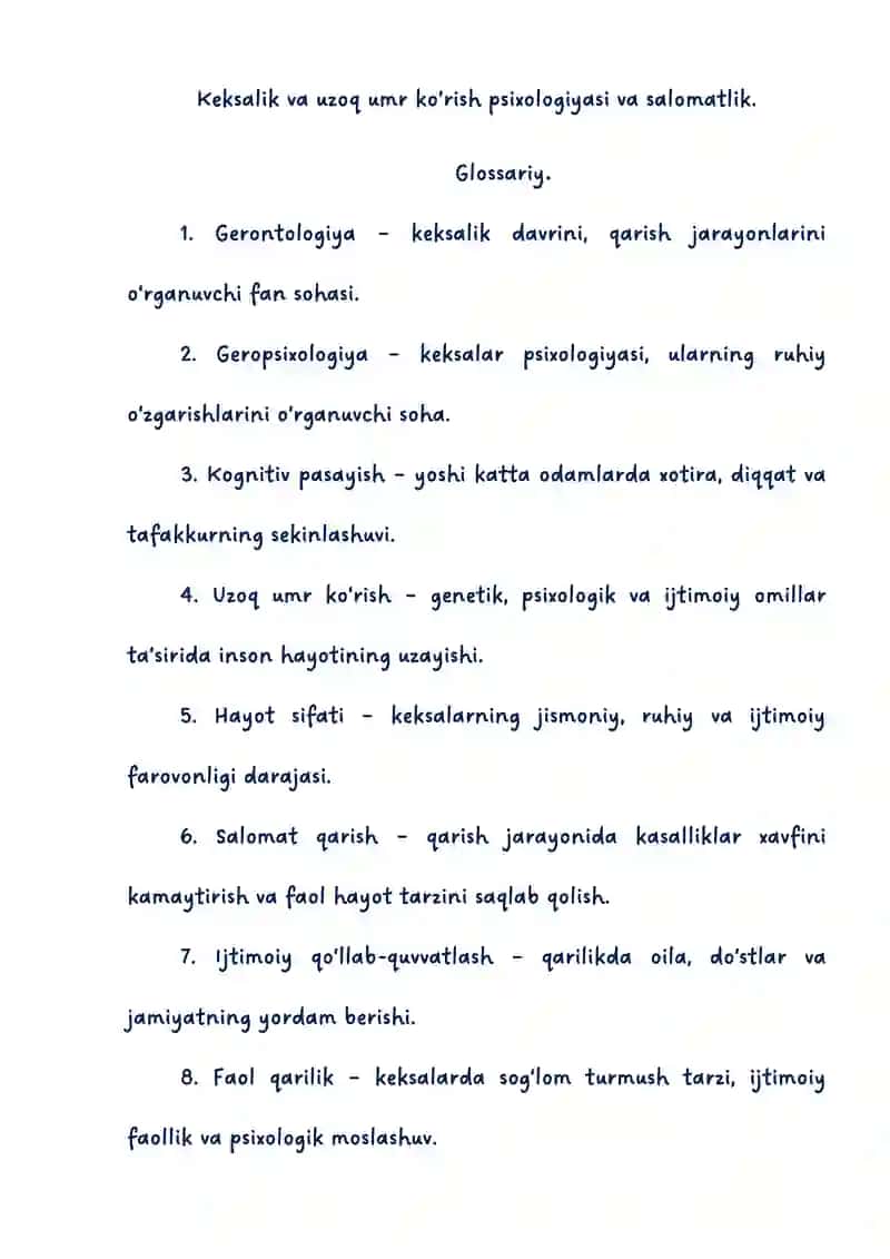 Keksalik va uzoq umr ko’rish psixologiyasi va salomatlik