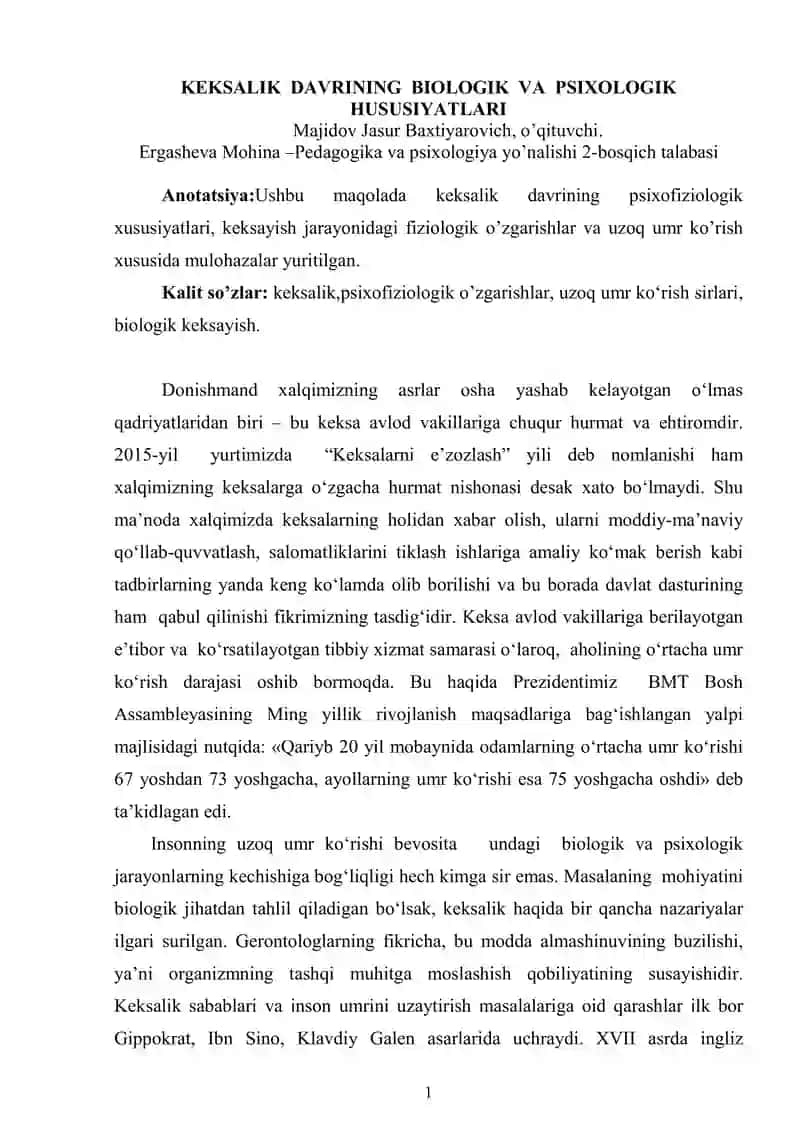 KEKSALIK DAVRINING BIOLOGIK VA PSIXOLOGIK HUSUSIYATLARI