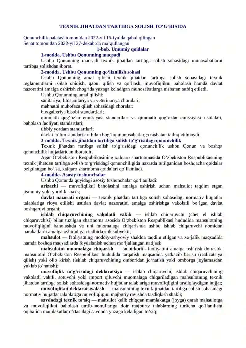Texnik jihatdan tartibga solish to‘g‘risida