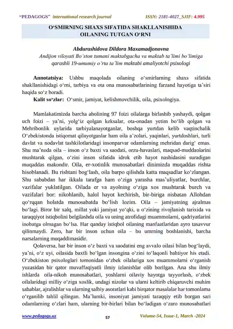 O‘SMIRNING SHAXS SIFATIDA SHAKLLANISHIDA OILANING TUTGAN O‘RNI