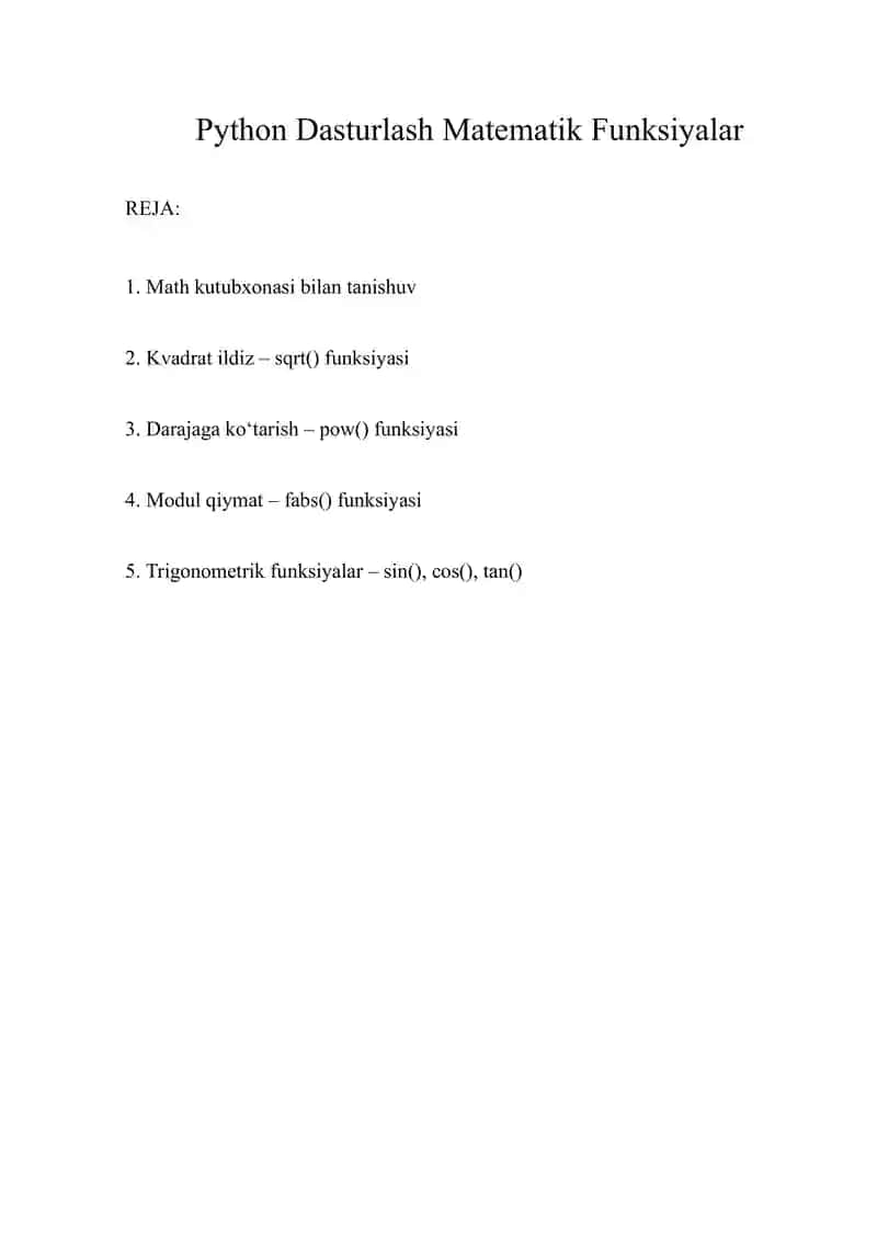 Python Dasturlash Matematik Funksiyalar