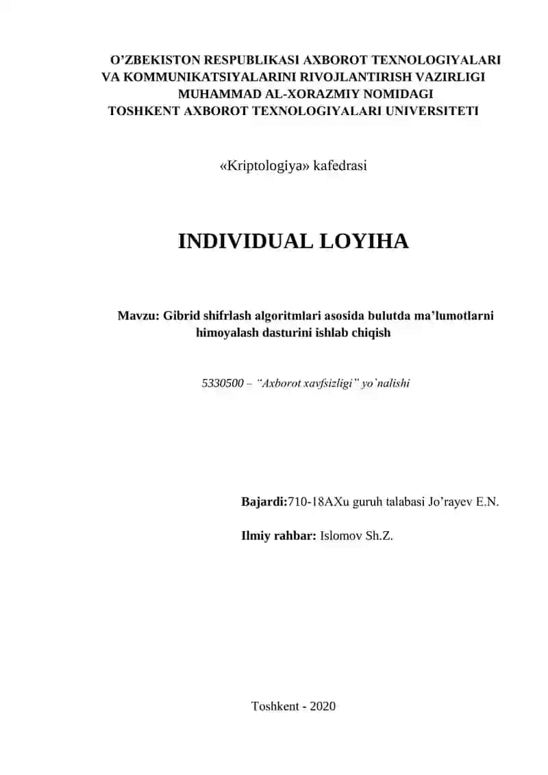 Bulutda ma’lumotlarni himoyalash dasturini ishlab chiqish
