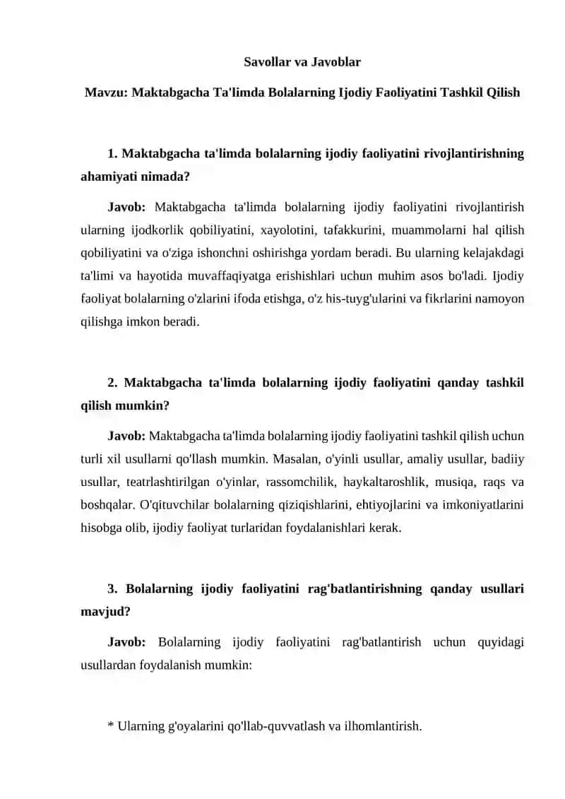 Maktabgacha Ta'limda Bolalarning Ijodiy Faoliyatini Tashkil Qilish