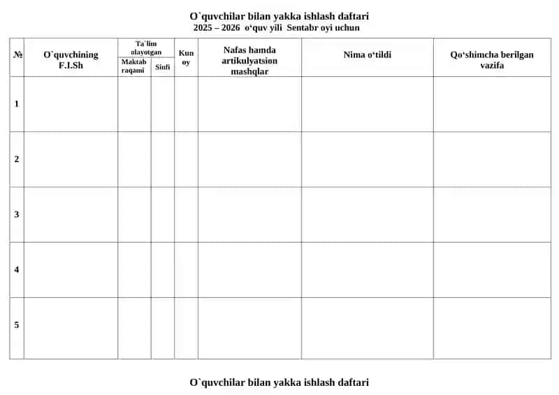 o'quvchilar bilan yakka ishlash daftari. 2025-2026-o‘quv yili ish xujjatlari