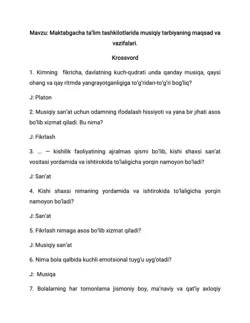 Maktabgacha taʼlim tashkilotlarida musiqiy tarbiyaning maqsad va vazifalari