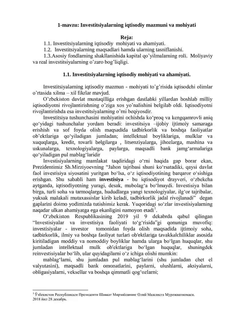 Investitsiyalarning iqtisodiy mazmuni va mohiyati