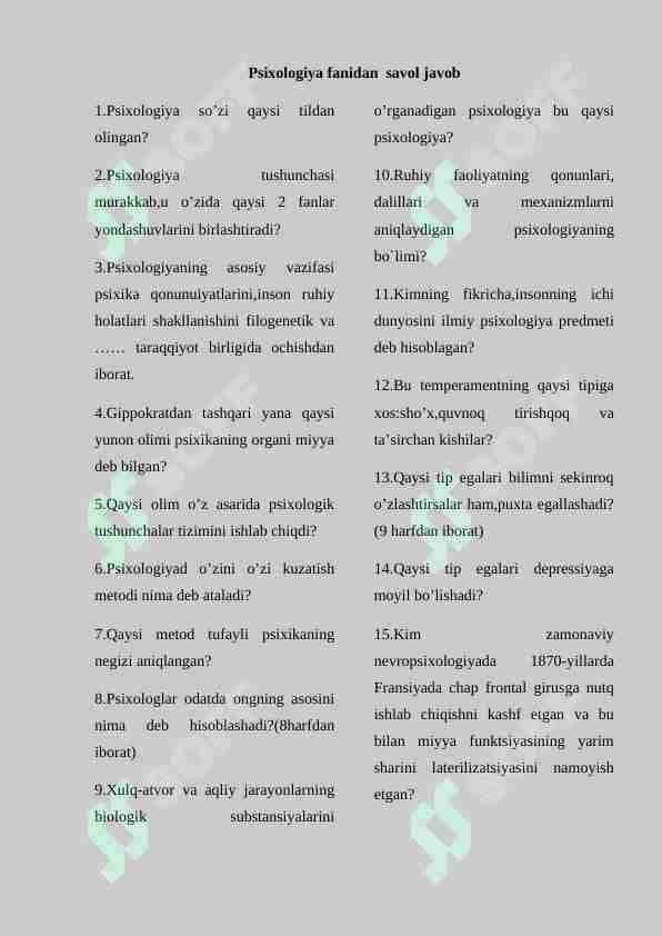 Psixologiya fanidan savol javob