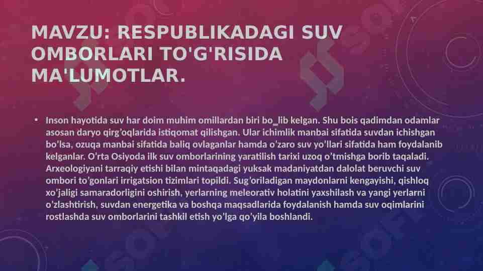 respublikadagi suv omborlari to'g'risida ma'lumotlar