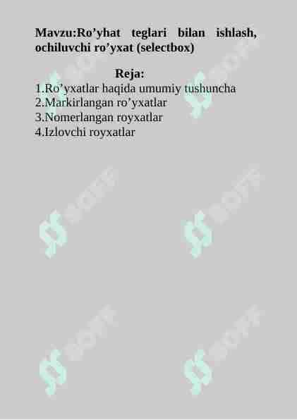 Ro’yhat teglari bilan ishlash, ochiluvchi ro’yxat (selectbox)