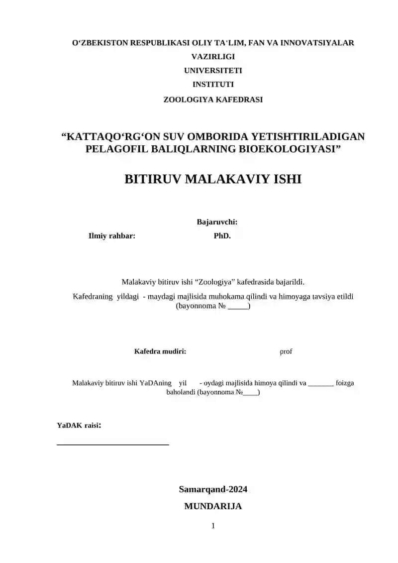 KATTAQO‘RG‘ON SUV OMBORIDA YETISHTIRILADIGAN PELAGOFIL BALIQLARNING BIOEKOLOGIYASI