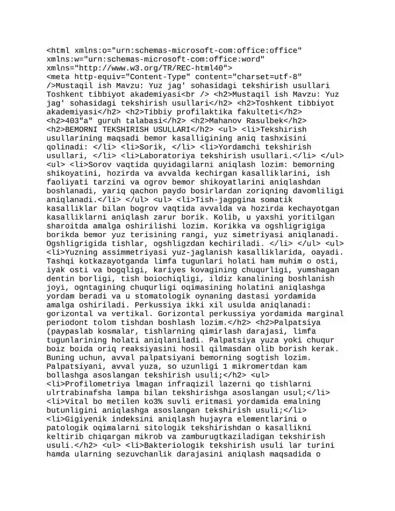 Mustaqil ish Mavzu: Yuz jag' sohasidagi tekshirish usullari