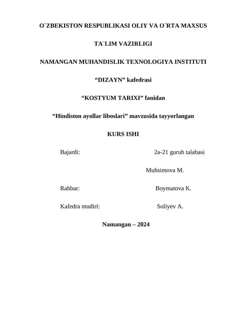 Hindiston ayollar liboslari KURS ISHI