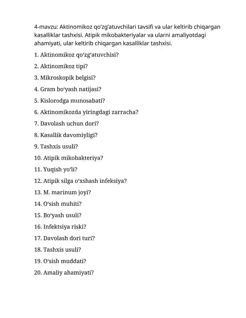 Aktinomikoz qo’zg’atuvchilari tavsifi va ular keltirib chiqargan kasalliklar tashxisi.