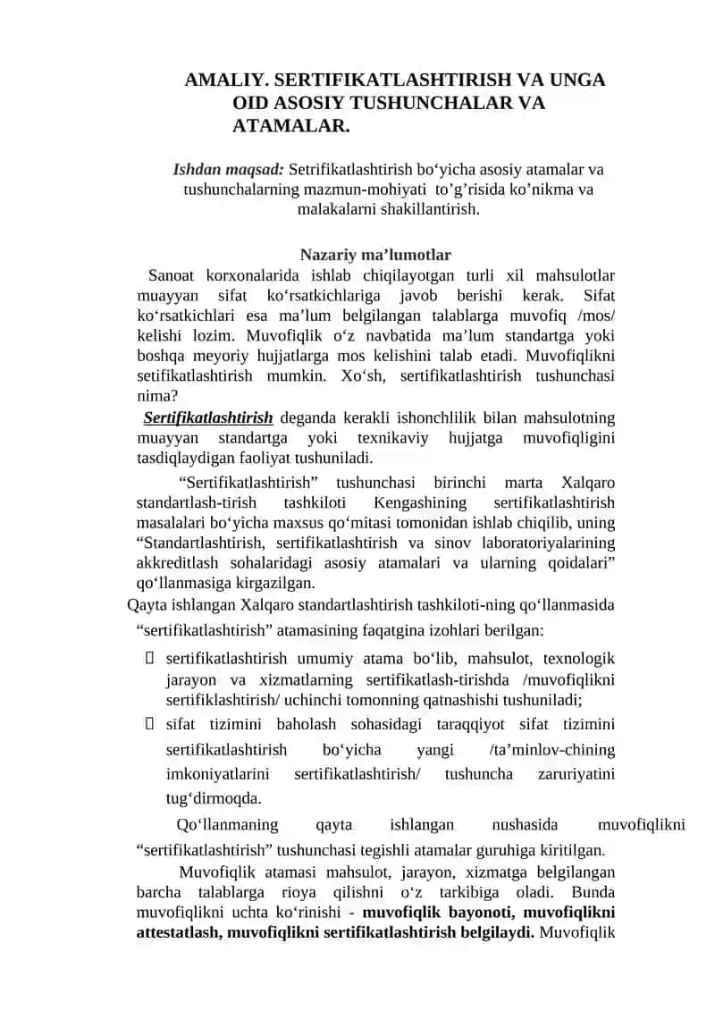 Sertifikatlashtirish va unga oid asosiy tushunchalar va atamalar