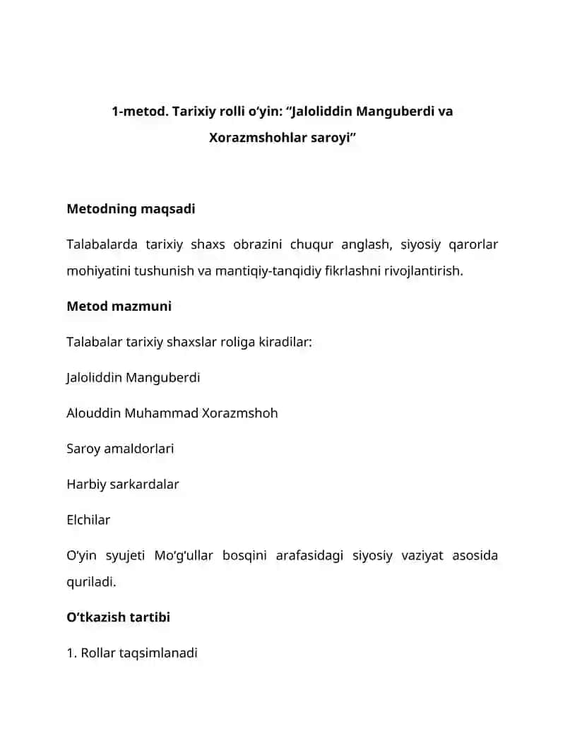 Tarixiy rolli o‘yin: “Jaloliddin Manguberdi va Xorazmshohlar saroyi”