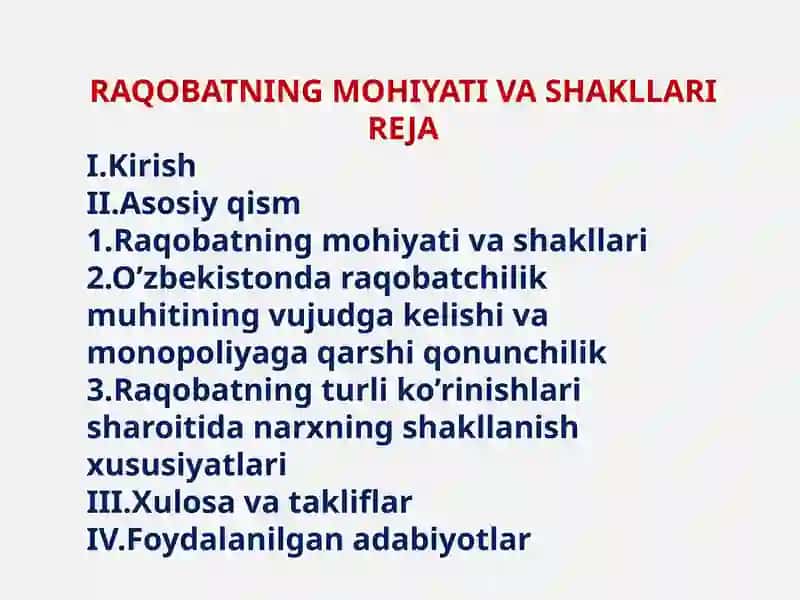 RAQOBATNING MOHIYATI VA SHAKLLARI