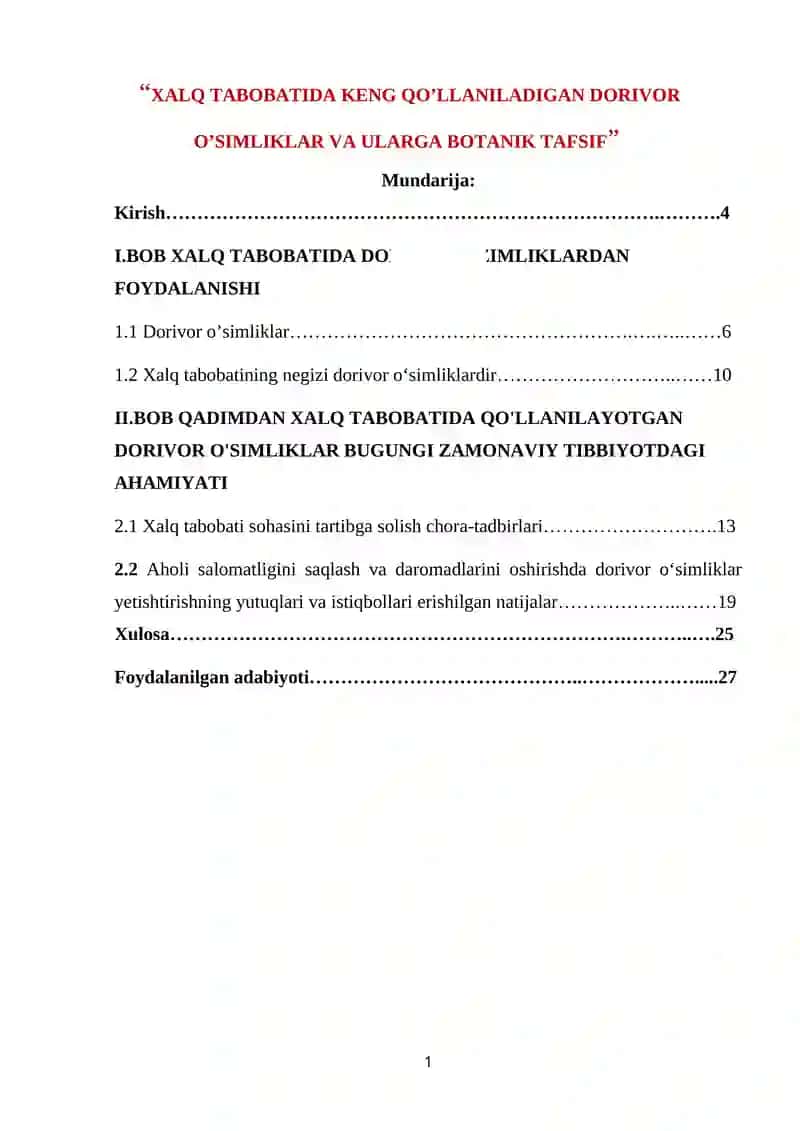XALQ TABOBATIDA KENG QO’LLANILADIGAN DORIVOR O’SIMLIKLAR VA ULARGA BOTANIK TAFSIF