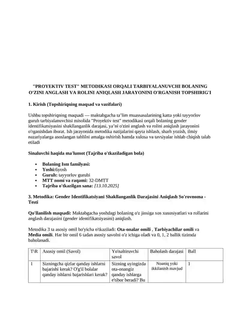 "PROYEKTIV TEST" METODIKASI ORQALI TARBIYALANUVCHI BOLANING O'ZINI ANGLASH VA ROLINI ANIQLASH JARAYONINI O'RGANISH TOPSHIRIG'I