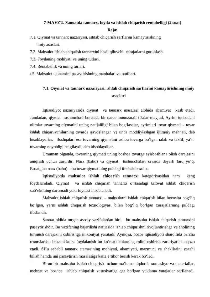 Sanoatda tannarx, foyda va ishlab chiqarish rentabelligi