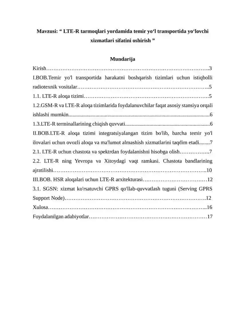 LTE-R tarmoqlari yordamida temir yo‘l transportida yo‘lovchi xizmatlari sifatini oshirish.
