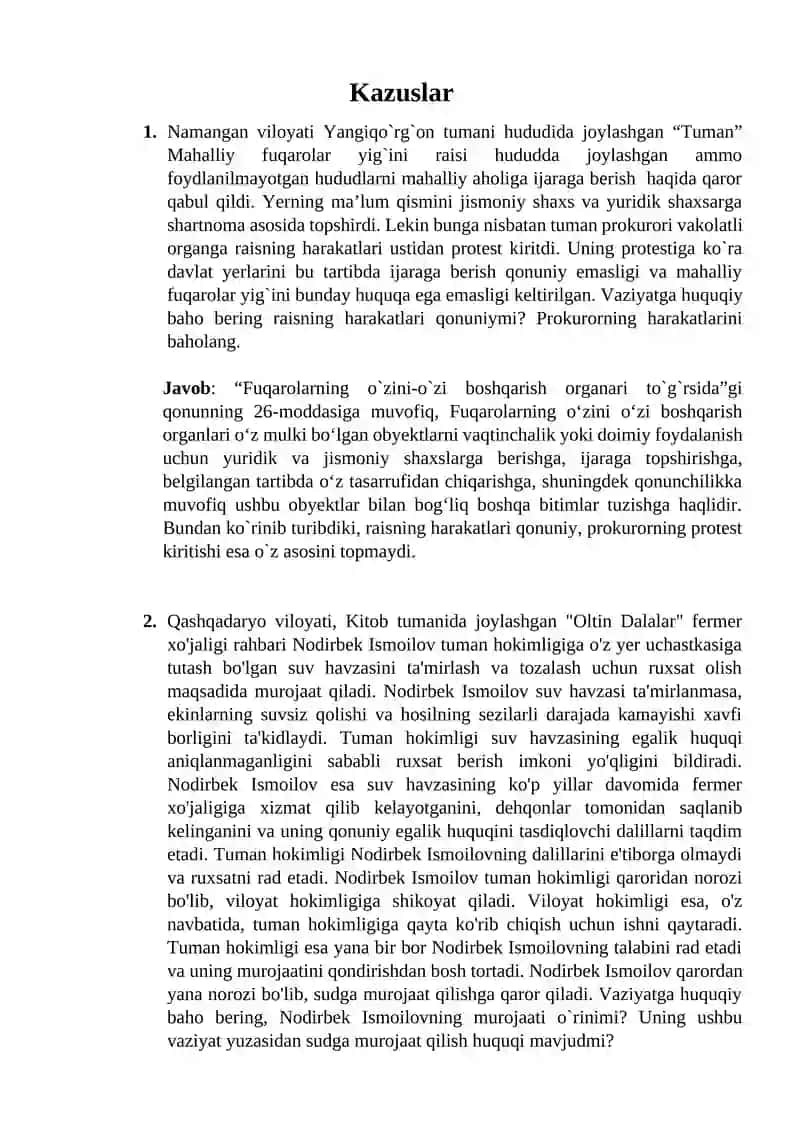 huquqdan kazus javobi bilan