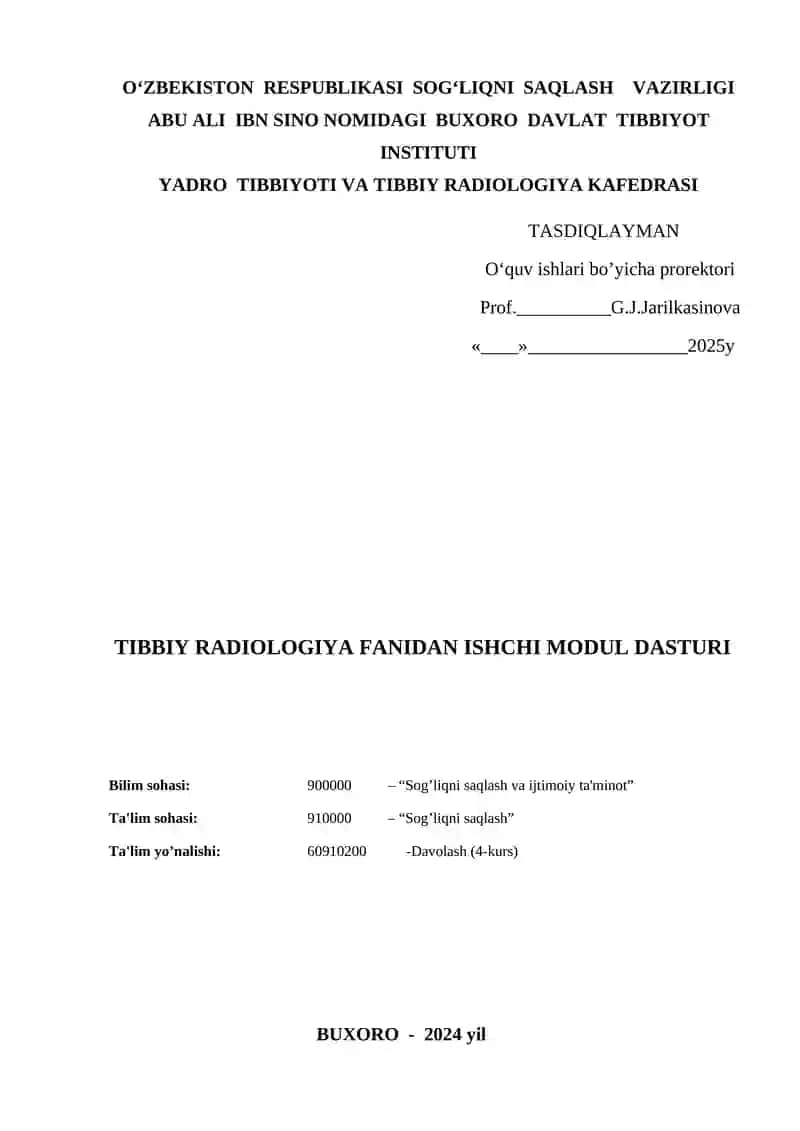 TIBBIY RADIOLOGIYA FANIDAN ISHCHI MODUL DASTURI