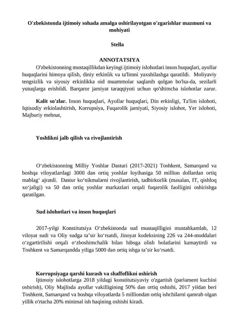 O'zbekistonda ijtimoiy sohada amalga oshirilayotgan o'zgarishlar mazmuni va mohiyati