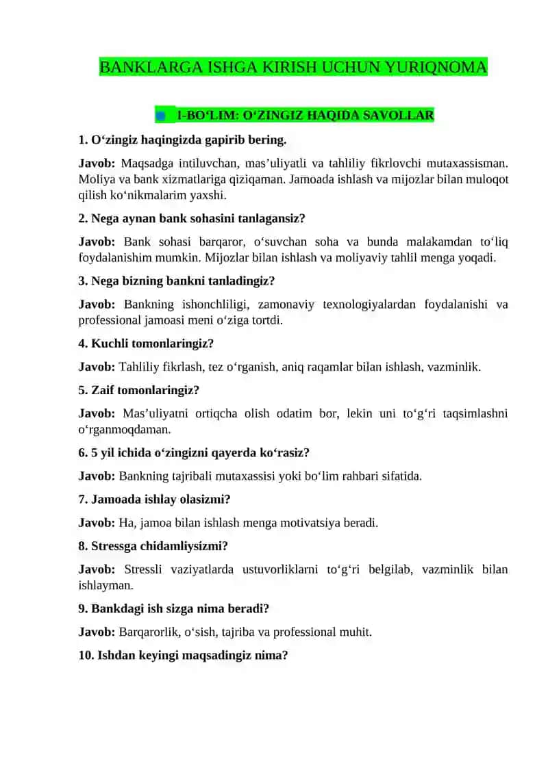 BANKLARGA ISHGA KIRISH UCHUN YURIQNOMA