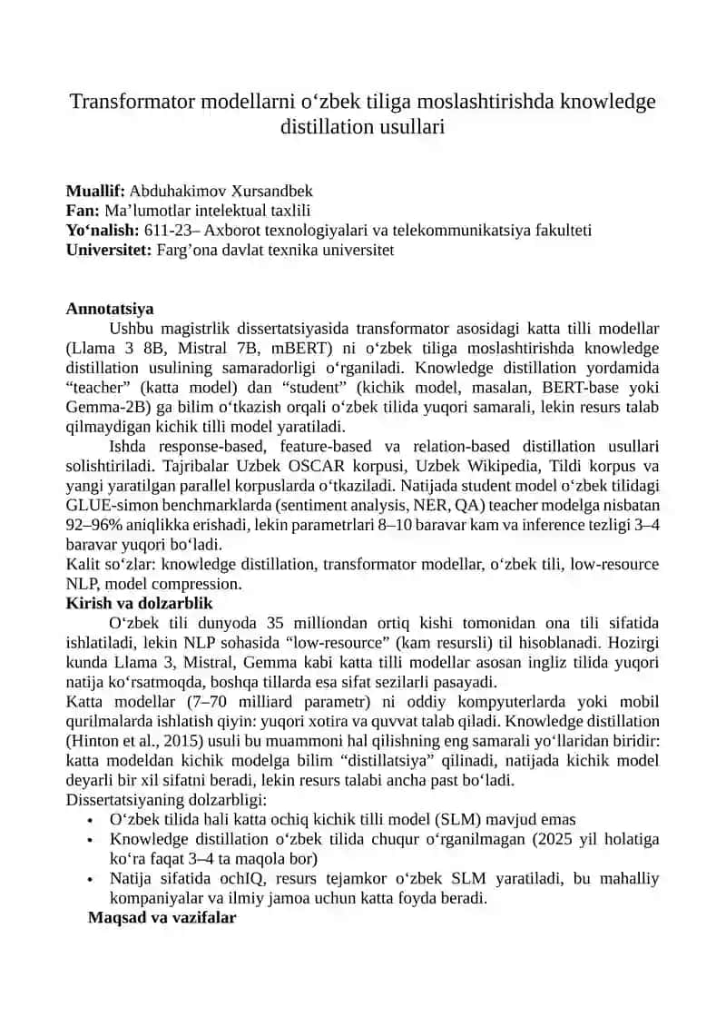 Transformator modellarni o‘zbek tiliga moslashtirishda knowledge distillation usullari