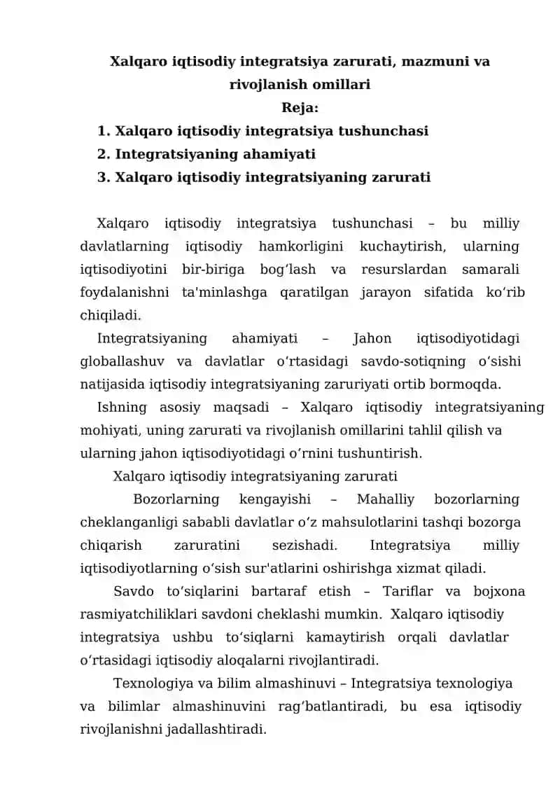 Xalqaro iqtisodiy integratsiya zarurati, mazmuni va rivojlanish omillari