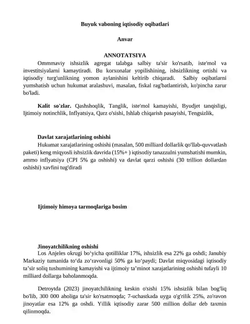 Buyuk vaboning iqtisodiy oqibatlari