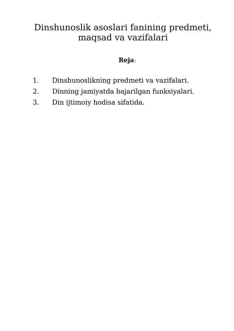 Dinshunoslik asoslari fanining predmeti, maqsad va vazifalari