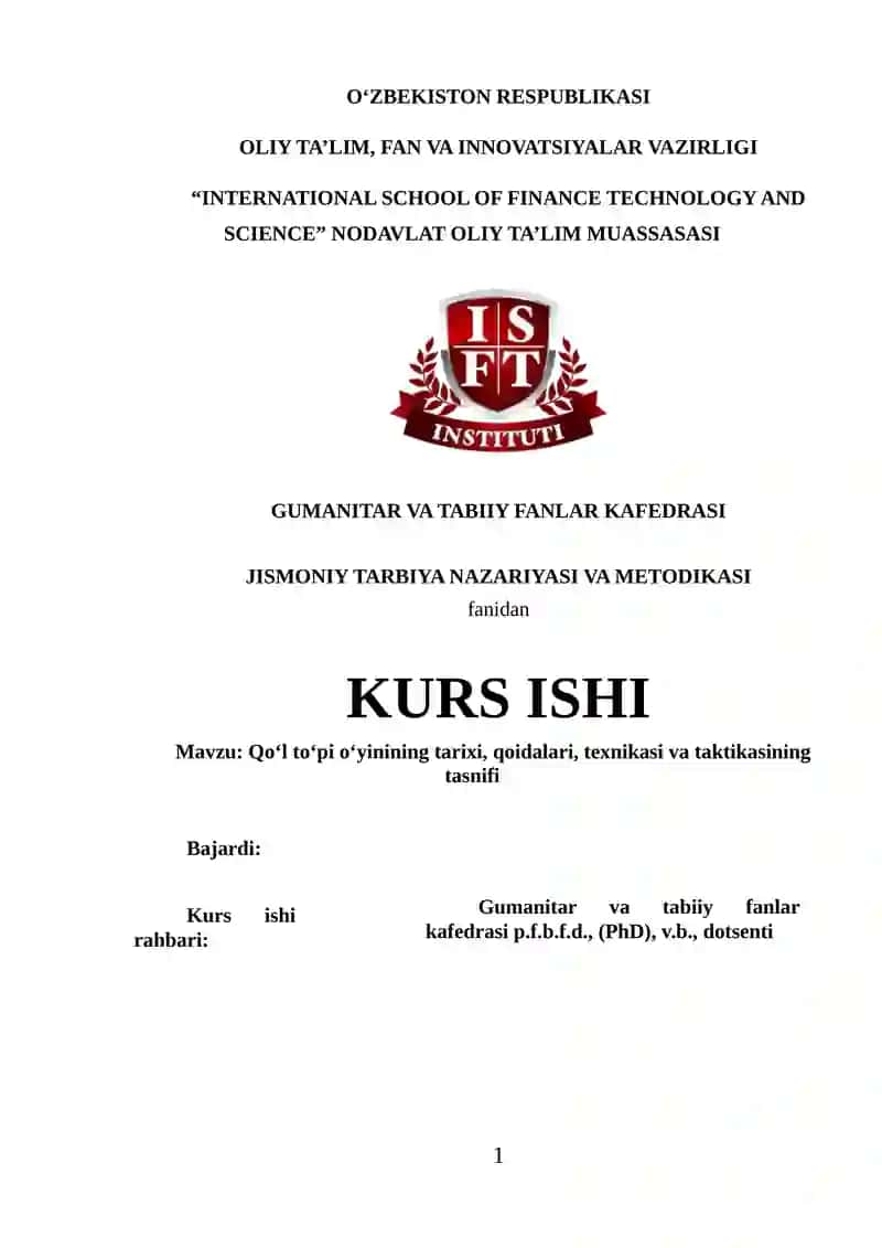 Qo‘l to‘pi o‘yinining tarixi, qoidalari, texnikasi va taktikasining tasnifi
