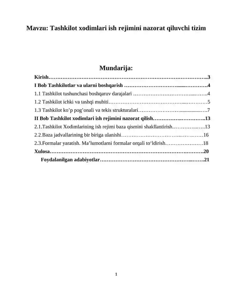 Tashkilot xodimlari ish rejimini nazorat qiluvchi tizim