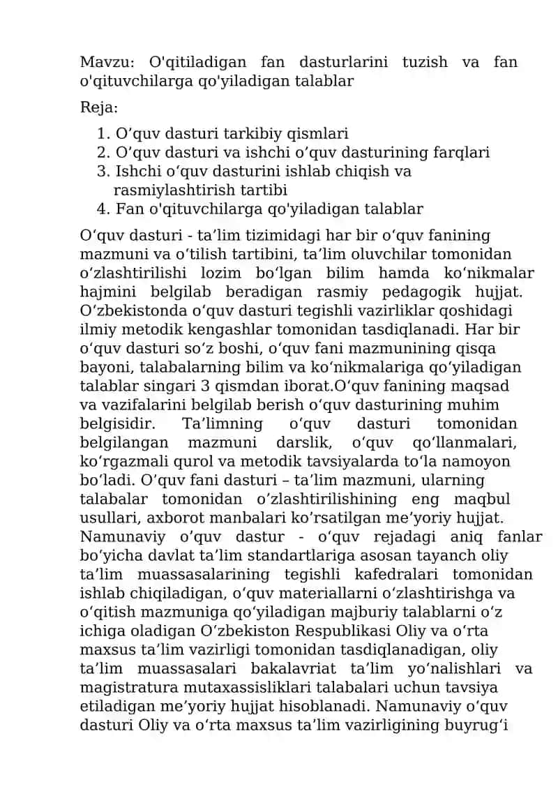 O'qitiladigan fan dasturlarini tuzish va fan o'qituvchilarga qo'yiladigan talablar