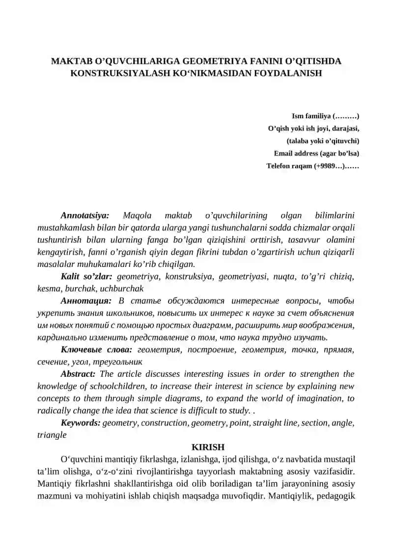 MAKTAB O’QUVCHILARIGA GEOMETRIYA FANINI O’QITISHDA KONSTRUKSIYALASH KO‘NIKMASIDAN FOYDALANISH