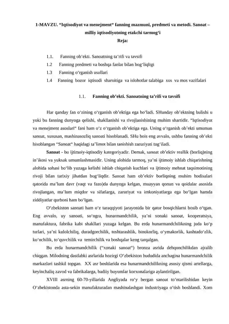 Iqtisodiyot va menejment“ fanning mazmuni, predmeti va metodi. Sanoat – milliy iqtisodiyotning etakchi tarmog‘i