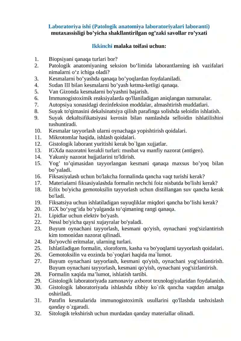 Laboratoriya ishi (Patologik anatomiya laboratoriyalari laboranti)