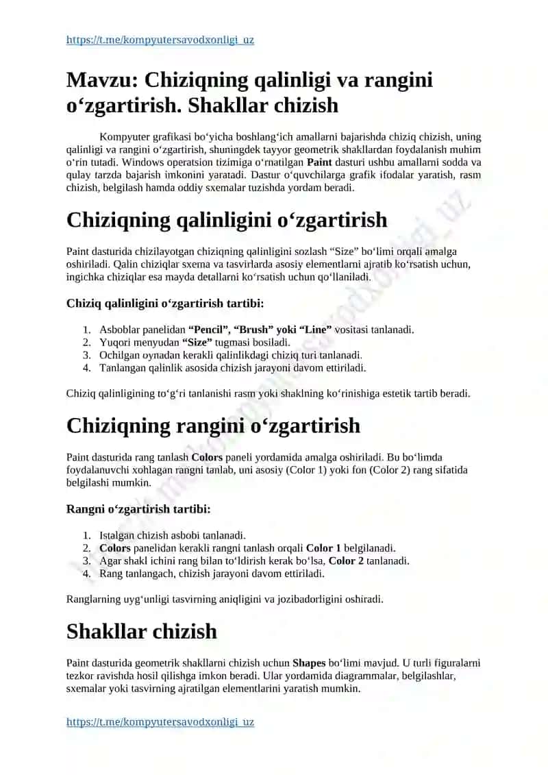 Chiziqning qalinligi va rangini o‘zgartirish. Shakllar chizish