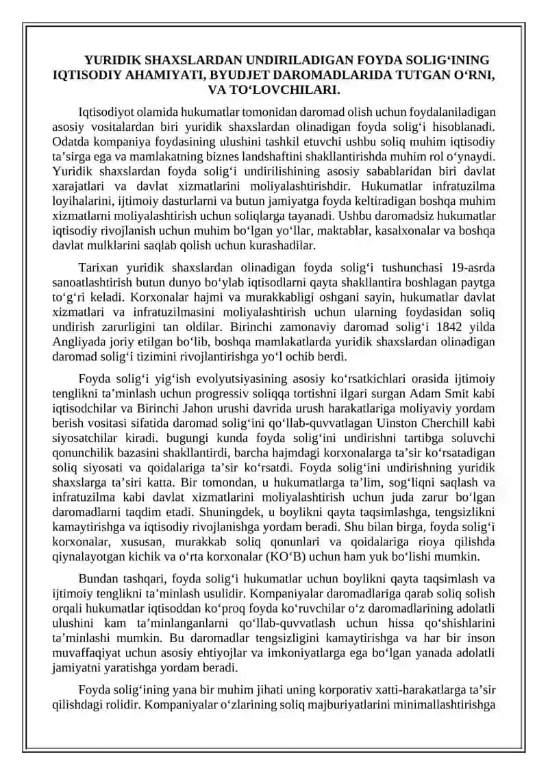 Yuridik shaxslardan olinadigan foyda solig‘i